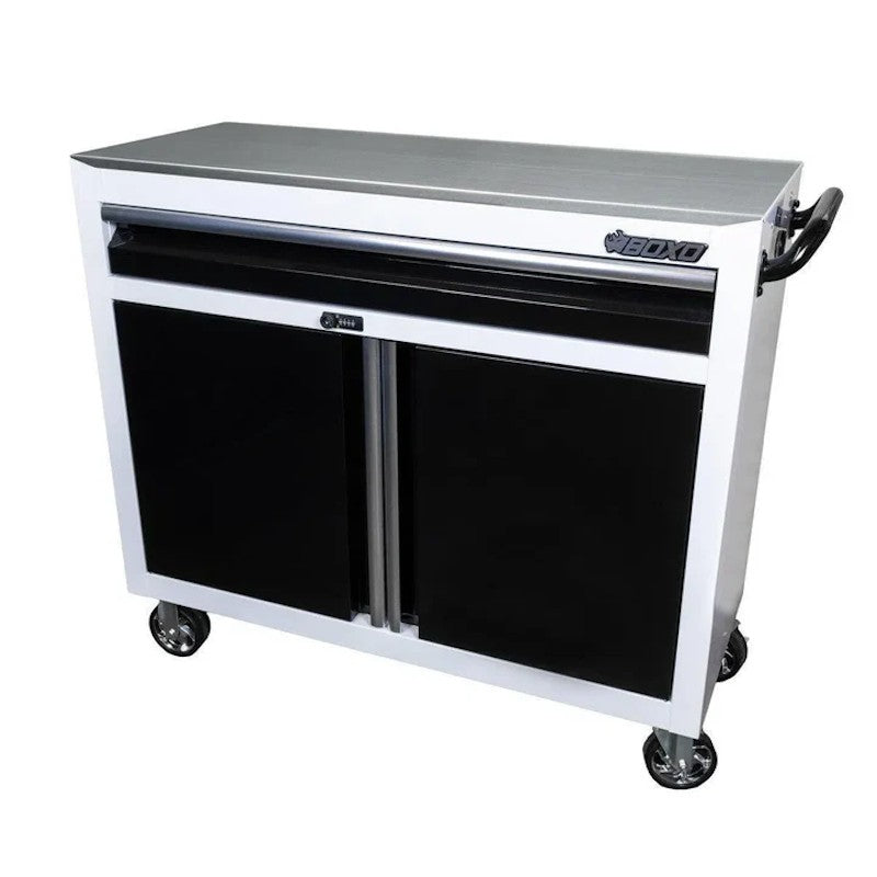BoxoUSA Tech Series | 45" Rolling Display Cabinet with Stainless Steel Countertop | White