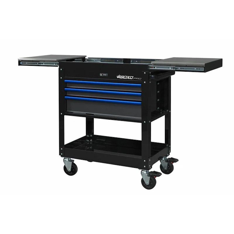 2BoxoUSA Pro Series 35" 3-Drawer Slide-Top Service Cart Tool Box Black Box Blue Handle open and from the front