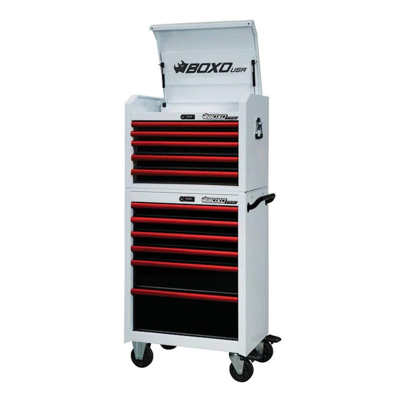 6BoxoUSA Pro Series 26" 11-Drawer Rolling Tool Box White Box Red Handle Open from the front