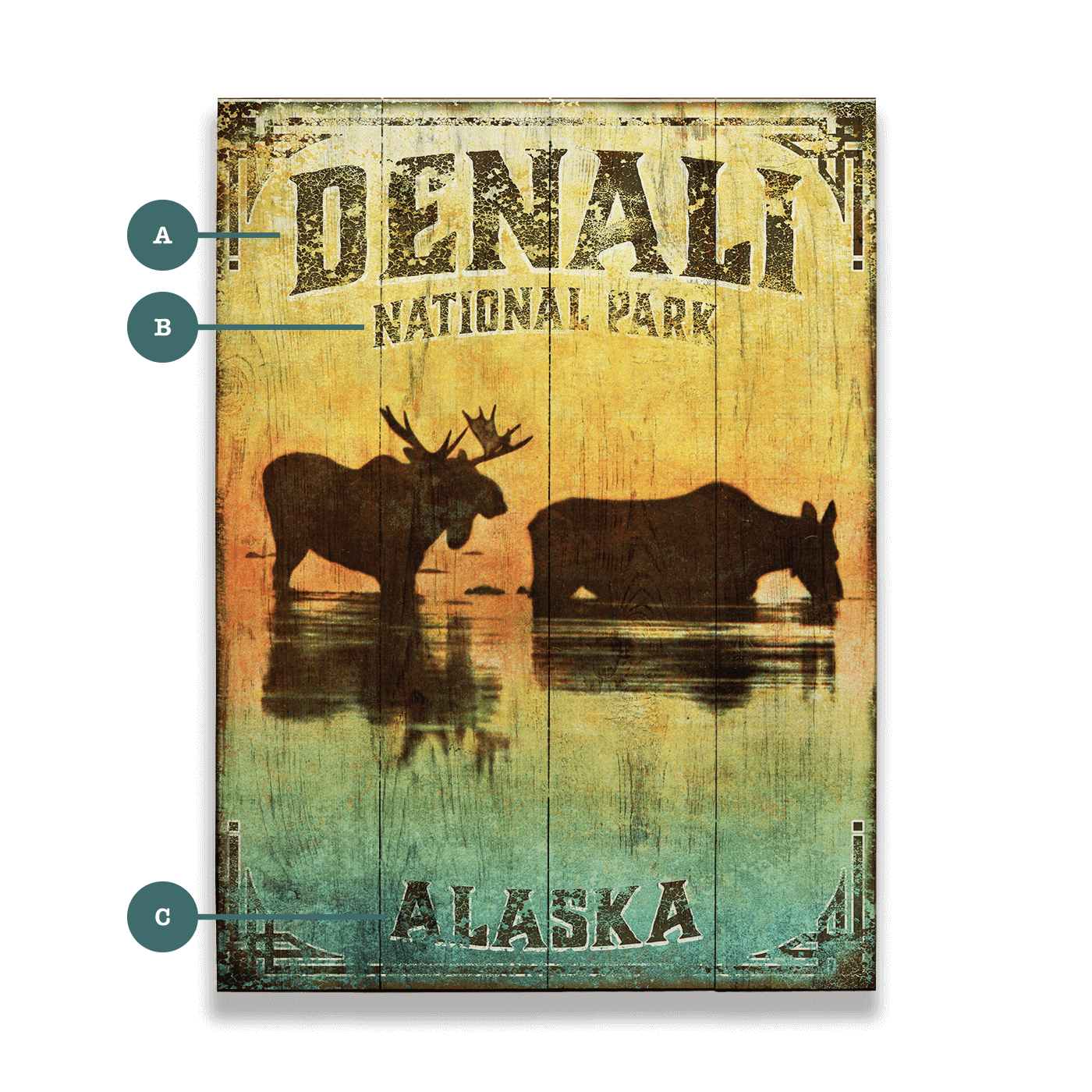Alaskan Twilight: Moose in Denali - Wood & Metal Wall Art close up and from the front