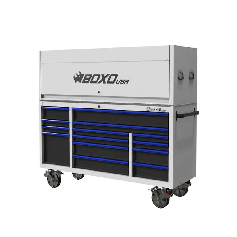 BoxoUSA 72" 14-Drawer Rolling Tool Box in white with blue handles from the front, with the top closed