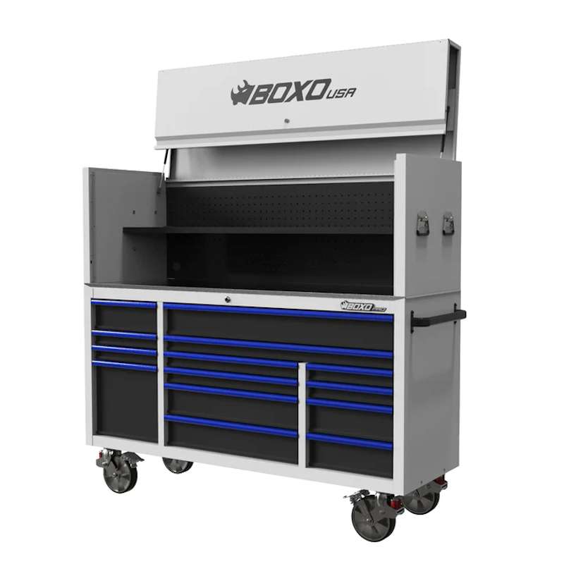 BoxoUSA 72" 14-Drawer Rolling Tool Box in white with blue handles from the front