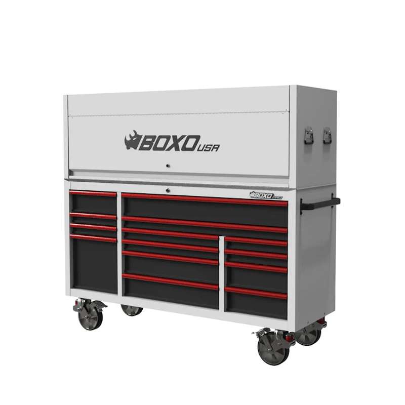 BoxoUSA 72" 14-Drawer Rolling Tool Box in white with red handles from the front, with the top closed