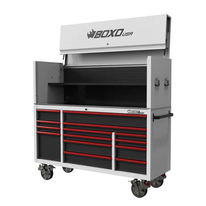 BoxoUSA 72" 14-Drawer Rolling Tool Box in white with red handles from the front