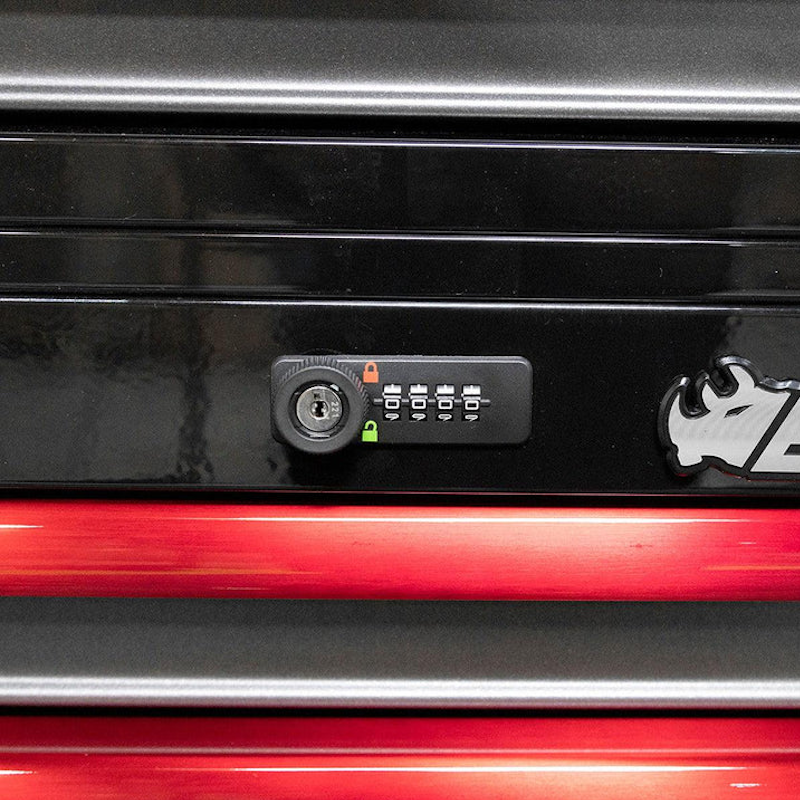 BoxoUSA Pro Series 26" 5-Drawer Top Tool Box Black Gloss Red Handle Lock close up of the locking feature