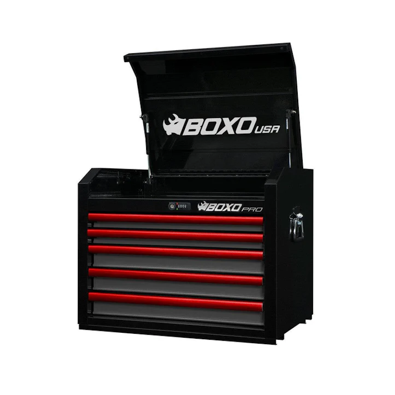 BoxoUSA Pro Series 26" 5-Drawer Top Tool Box Black Red Handle open and from the front