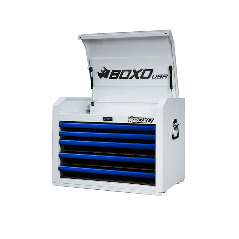 BoxoUSA Pro Series 26" 5-Drawer Top Tool Box White Gloss Blue Handle open and from the front