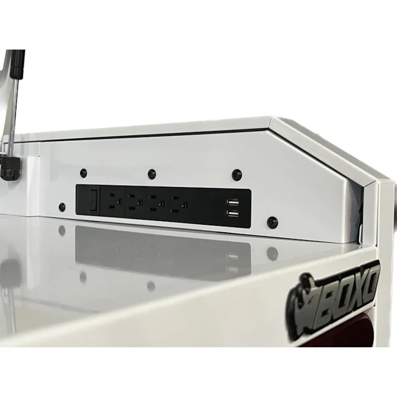 BoxoUSA Pro Series 26" 5-Drawer Top Tool Box White Gloss Red Handle Charging Strip close up of electrical charging strip in tool box