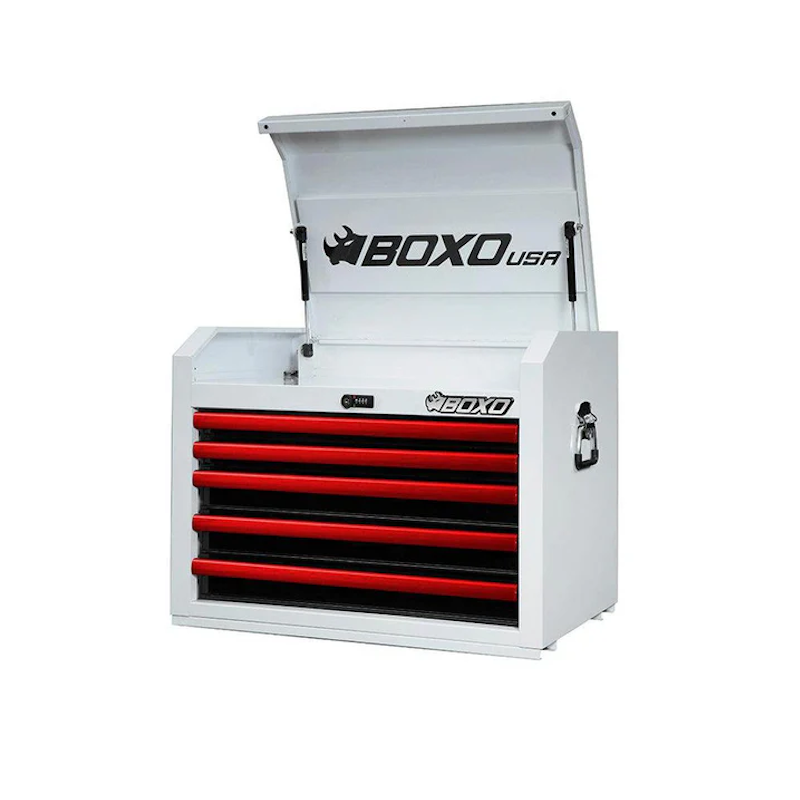 BoxoUSA Pro Series 26" 5-Drawer Top Tool Box White Gloss Red Handle open and from the front