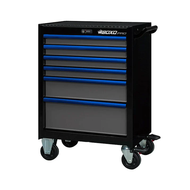 BoxoUSA Pro Series | 26" 6-Drawer Rolling Tool Box Blue Handle Black Box from the front