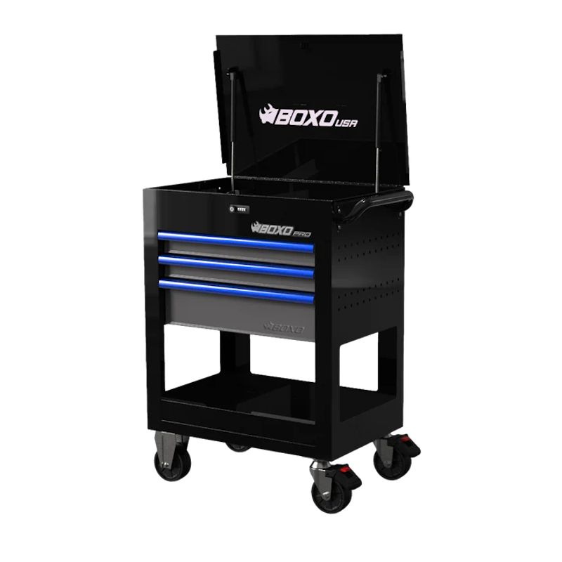 BoxoUSA Pro Series 28" 3-Drawer Flip top Service Cart Tool Box Black Box Blue Handle from the front