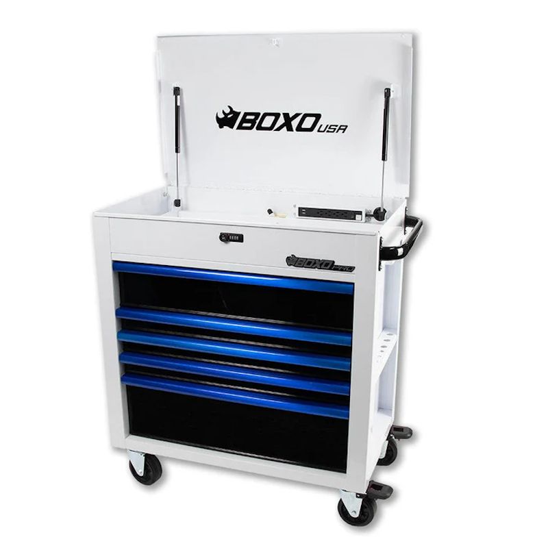 BoxoUSA Pro Series 35" 5-Drawer Flip-Top Service Cart Tool Box White Box Blue Handle Open from the front