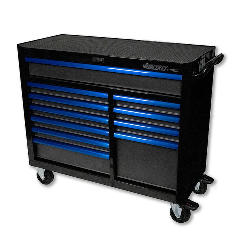 BoxoUSA Pro Series 45" 11-Drawer Rolling Tool Box Black Gloss Blue Handle from the front