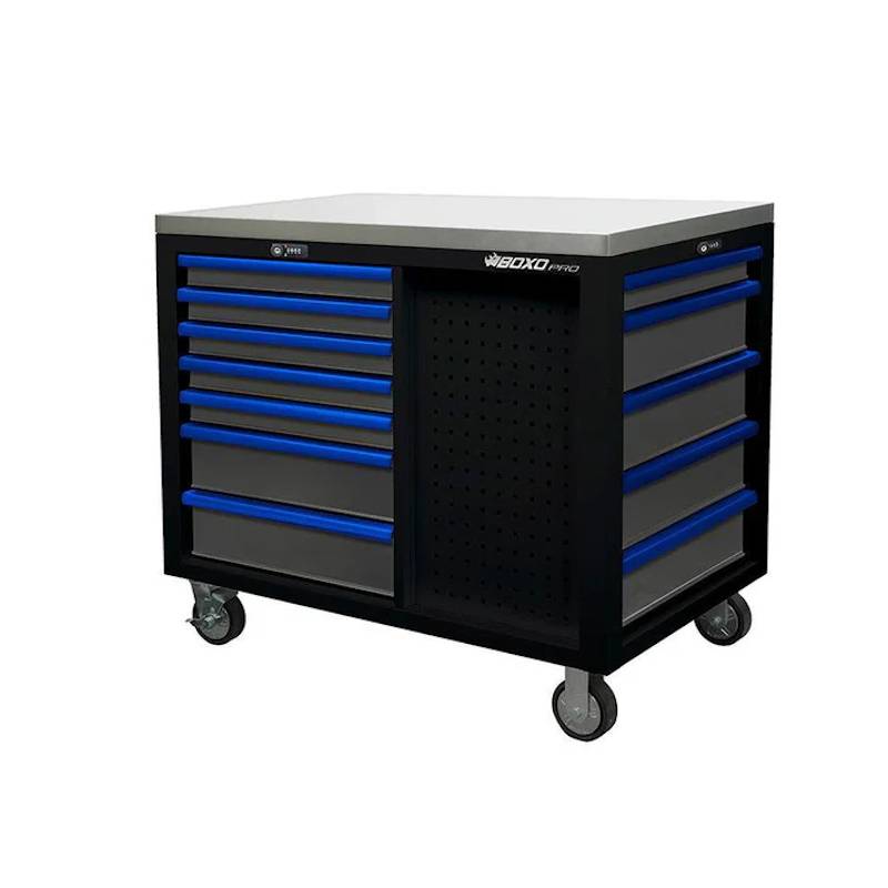 BoxoUSA Pro Series 45” 12-Drawer Workstation Tool Box Black Box Blue Handle from the front