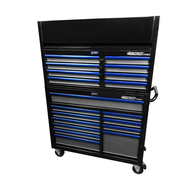 BoxoUSA Pro Series 45" 19-Drawer Rolling Tool Box Black Box Blue Handle Closed from the front