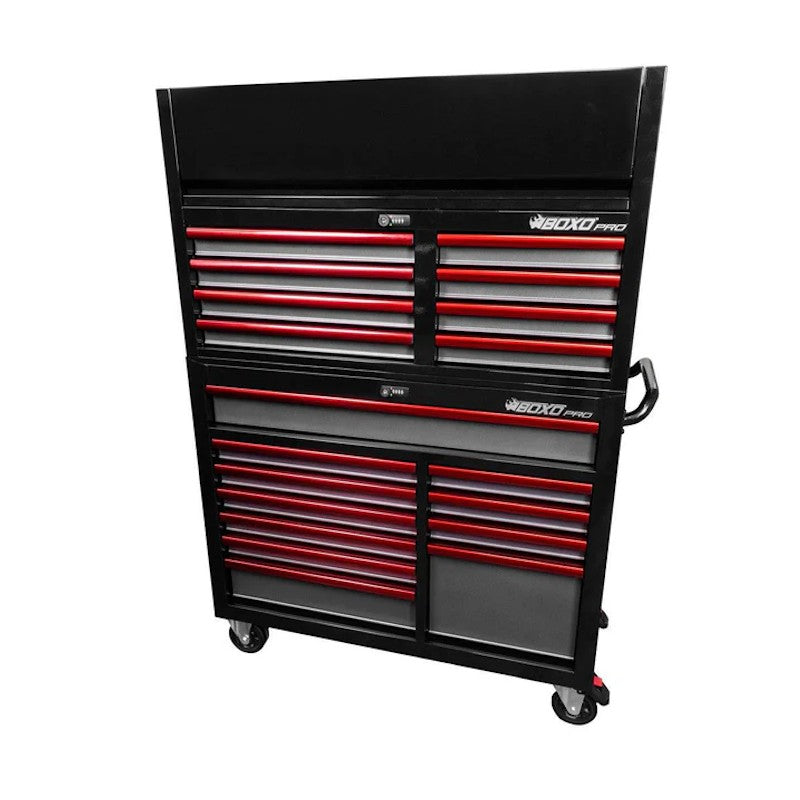 BoxoUSA Pro Series 45" 19-Drawer Rolling Tool Box Black Box Red Handle Closed from the front
