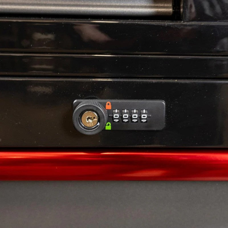 BoxoUSA Pro Series 45" 19-Drawer Rolling Tool Box Black Box Red Handle Lock close up of toolbox lock