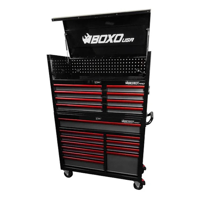 BoxoUSA Pro Series 45" 19-Drawer Rolling Tool Box Black Box Red Handle Open from the front