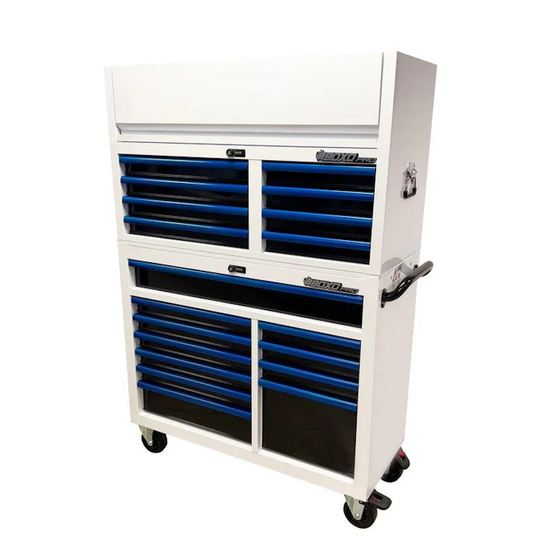 BoxoUSA Pro Series 45" 19-Drawer Rolling Tool Box White Box Blue Handle Closed from the front
