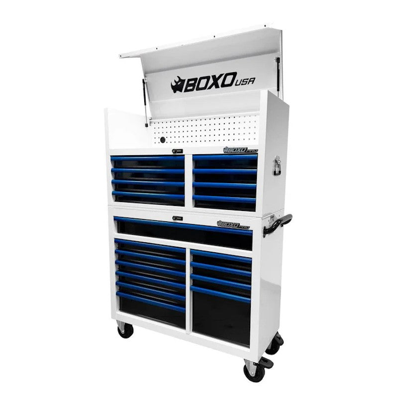 BoxoUSA Pro Series 45" 19-Drawer Rolling Tool Box White Box Blue Handle Open from the front