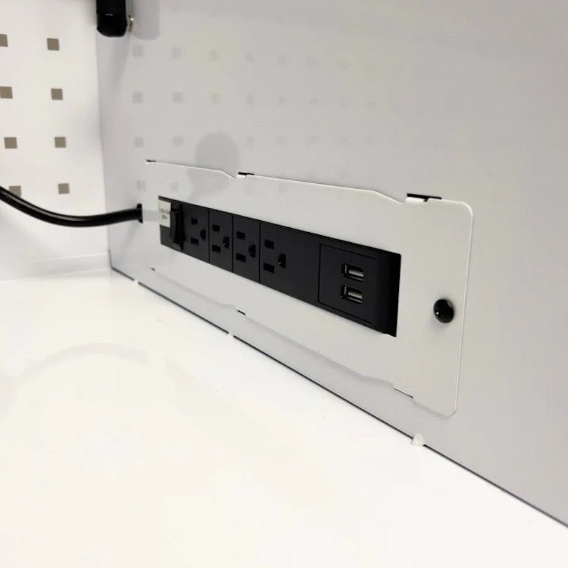 BoxoUSA Pro Series 45" 19-Drawer Rolling Tool Box White Box Power Strip close up of electrical power strip