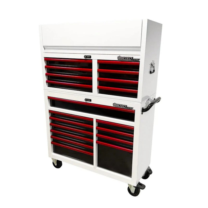 BoxoUSA Pro Series 45" 19-Drawer Rolling Tool Box White Box Red Handle Closed from the front