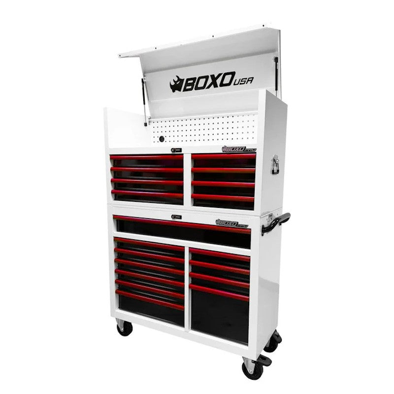 BoxoUSA Pro Series 45" 19-Drawer Rolling Tool Box White Box Red Handle Open from the front