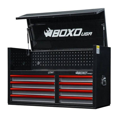 BoxoUSA Pro Series 45" 8-Drawer Top Chest Tool Box Black Box Red Handle open from the front