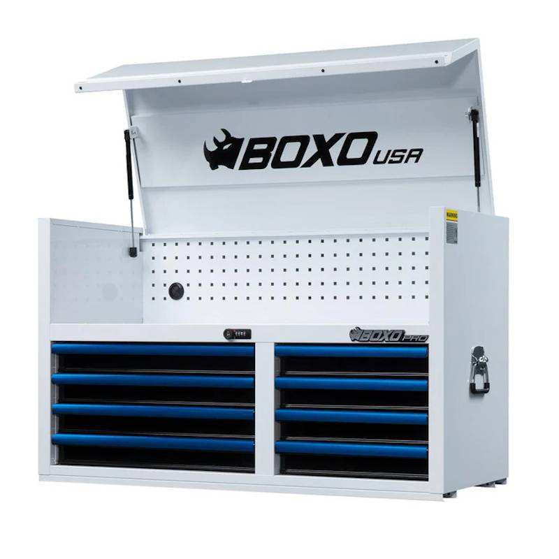 BoxoUSA Pro Series 45" 8-Drawer Top Chest Tool Box White Box Blue Handle open from the front