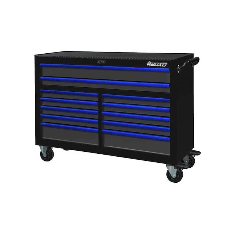 BoxoUSA Pro Series 53" 12-Drawer Rolling Tool Box Black Box Blue Handle from the front
