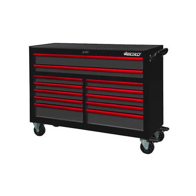 BoxoUSA Pro Series 53" 12-Drawer Rolling Tool Box Black Box Red Handle from the front