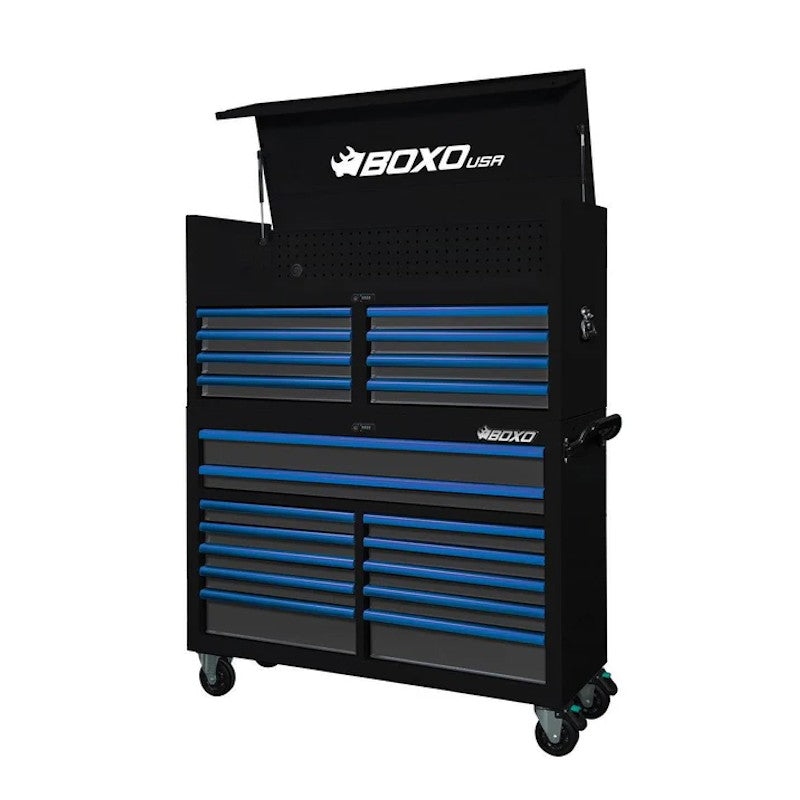 BoxoUSA Pro Series 53" 20-Drawer Rolling Tool Box Black Box Blue Handle open and from the front