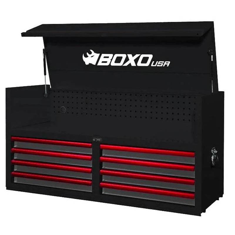 BoxoUSA Pro Series 53" 8-Drawer Top Chest Tool Box Black Box Red Handle from the front