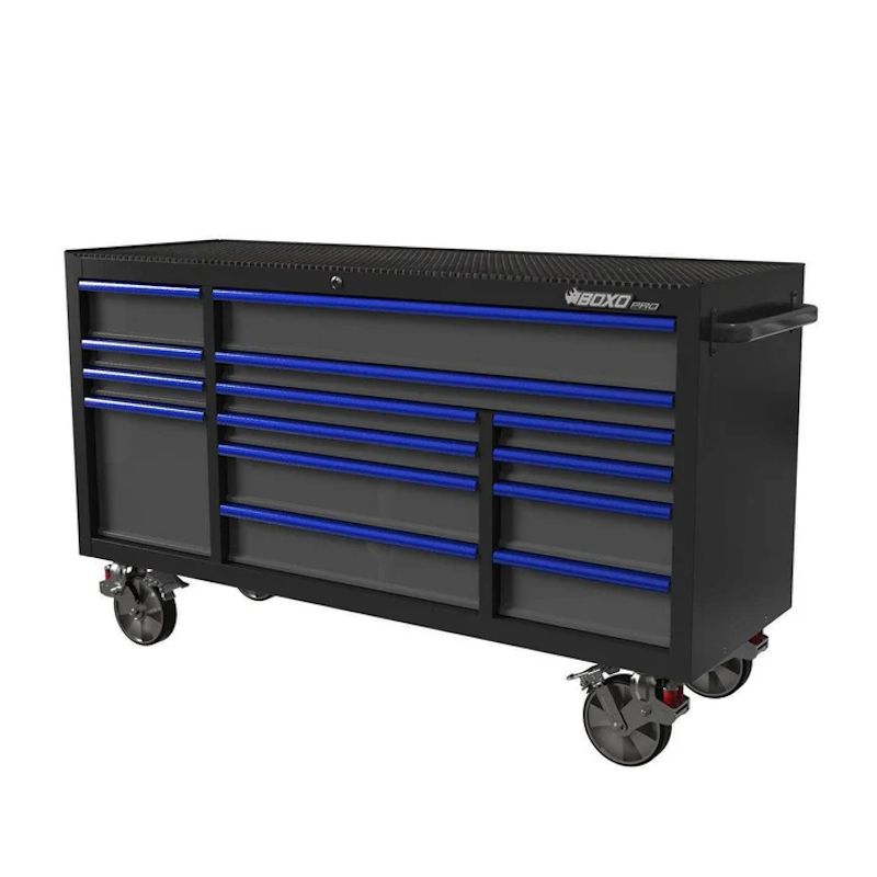 BoxoUSA Pro Series 72" 14-Drawer Rolling Tool Box Black Box Blue Handle from the front