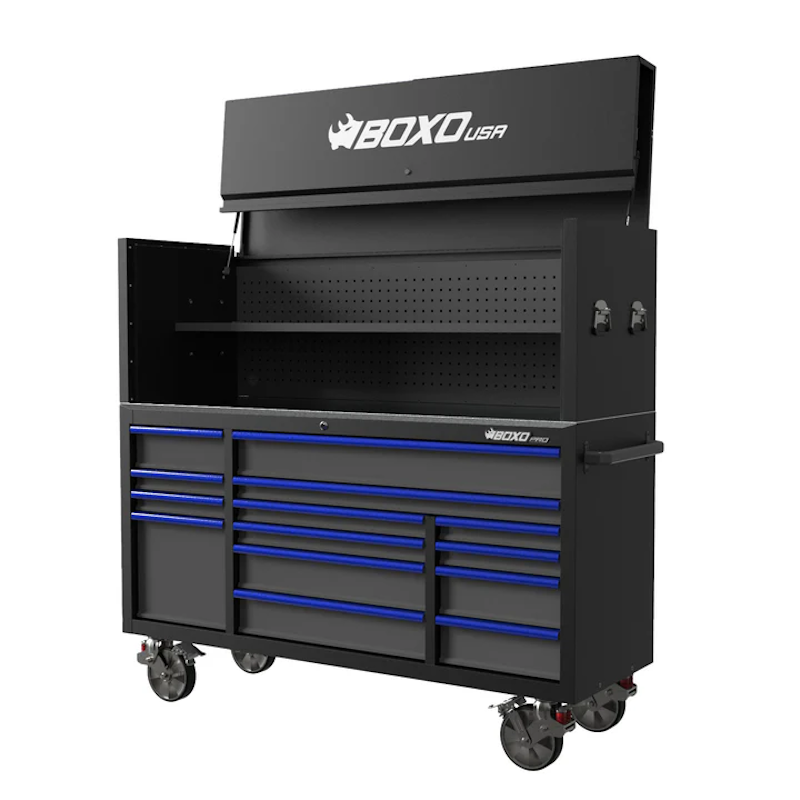 BoxoUSA Pro Series | 72" 14-Drawer Rolling Tool Box with Garage Top Black Blue Handles Open from the front