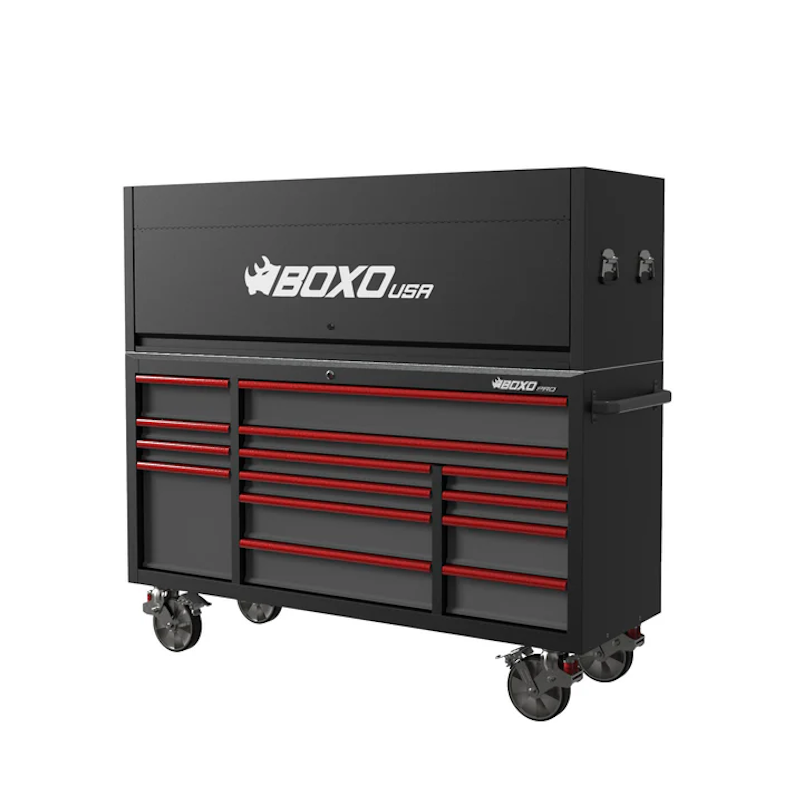BoxoUSA Pro Series 72" 14-Drawer Rolling Tool Box with Garage Top Black Red Handles Closed from the front