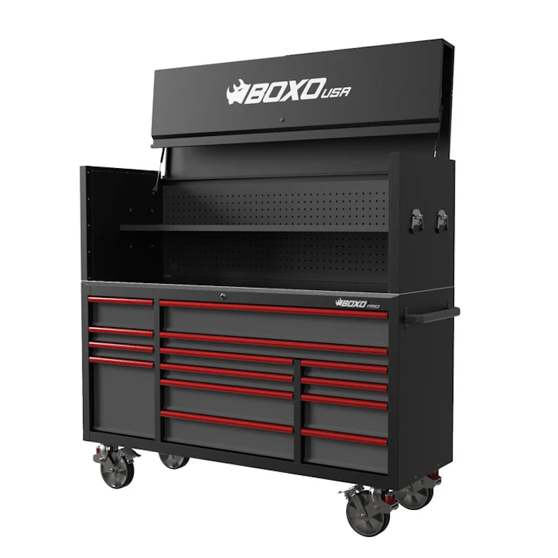 BoxoUSA Pro Series 72" 14-Drawer Rolling Tool Box with Garage Top Black Red Handles Open from the front