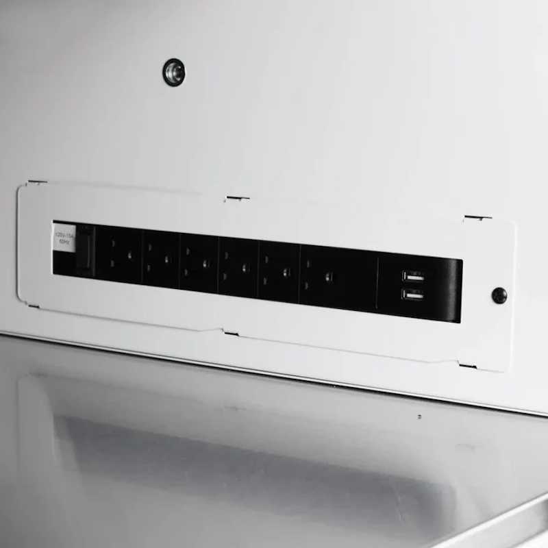 Close up of the electrical power strip in the BoxoUSA Pro Series Garage Top