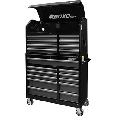 BoxoUSA Tech Series 41" 19-Drawer Rolling Tool Box Combo Set Black Powder Coat from the front
