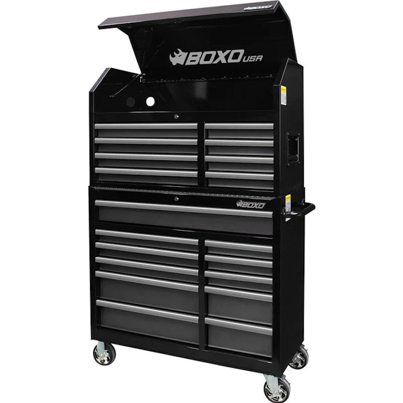 BoxoUSA Tech Series 41" 19-Drawer Rolling Tool Box Combo Set Black Powder Coat from the front