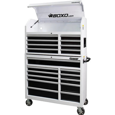 BoxoUSA Tech Series 41" 19-Drawer Rolling Tool Box Combo Set White Powder Coat from the front