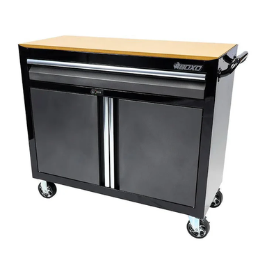 BoxoUSA Tech Series 45" Rolling Display Cabinet with MDF Top Black from the front