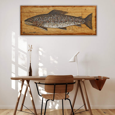 Brown Trout Wall Art | Metal on Wood Panel in a room