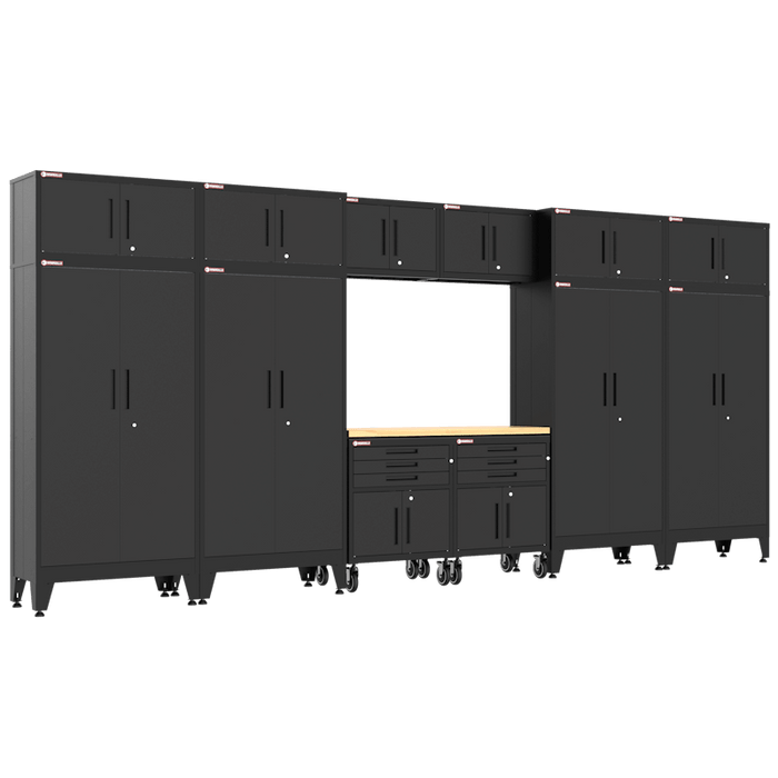 Armadillo Tough black steel garage cabinet system showing full wall configuration with tall gear lockers, upper wall cabinets, center wood worktop workstation, and drawer unit on casters