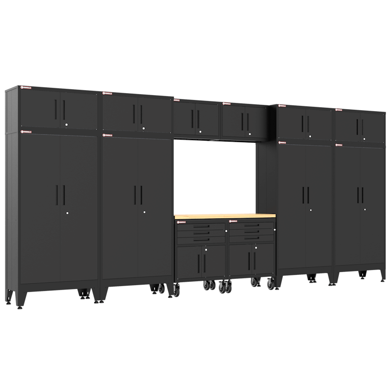 Armadillo Tough black steel garage cabinet system showing full wall configuration with tall gear lockers, upper wall cabinets, center wood worktop workstation, and drawer unit on casters