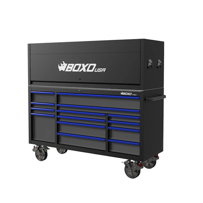 BoxoUSA Pro Series 72-inch 14-drawer rolling tool box with garage top in black with blue handles, open hutch displaying closed pegboard storage panel