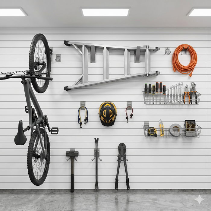 PVC slatwall panels mounted in a garage with heavy tools, a bicycle, and sports equipment organized on hooks and shelves