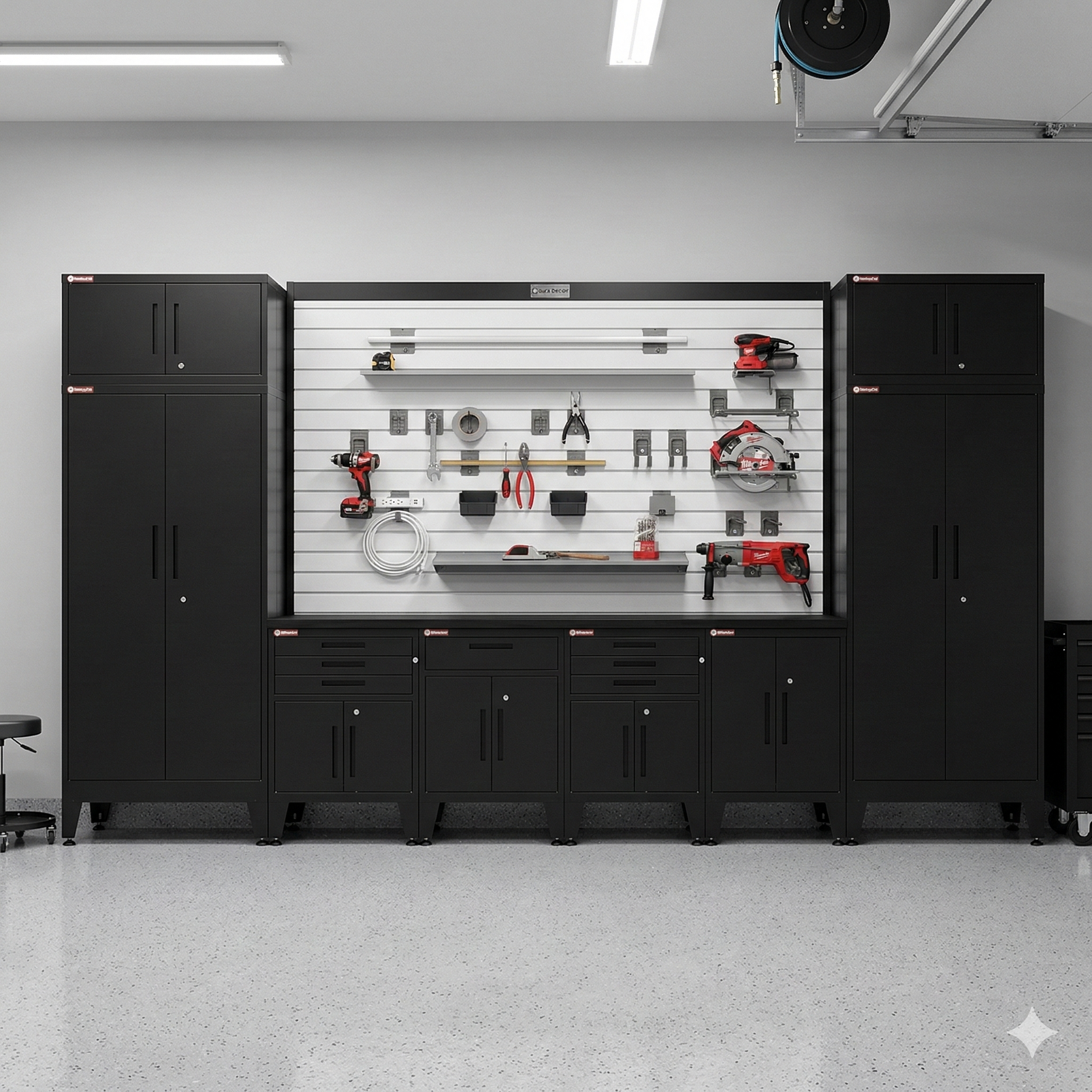 Professional garage storage system featuring black steel Armadillo Tough cabinets flanking a StoreWALL slatwall panel loaded with power tools and hand tools