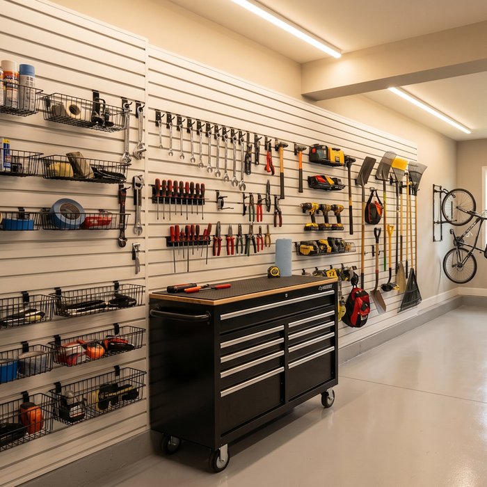 Clean organized garage with white StoreWALL slatwall panels loaded with tools and wire baskets, black rolling tool chest in center, epoxy floor, and natural light from garage door window