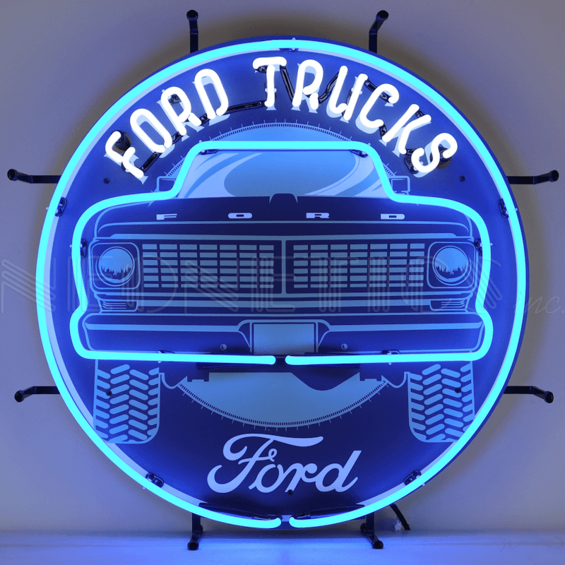 Standard size hand-blown glass neon sign featuring the vintage Ford Motor Company oval logo.